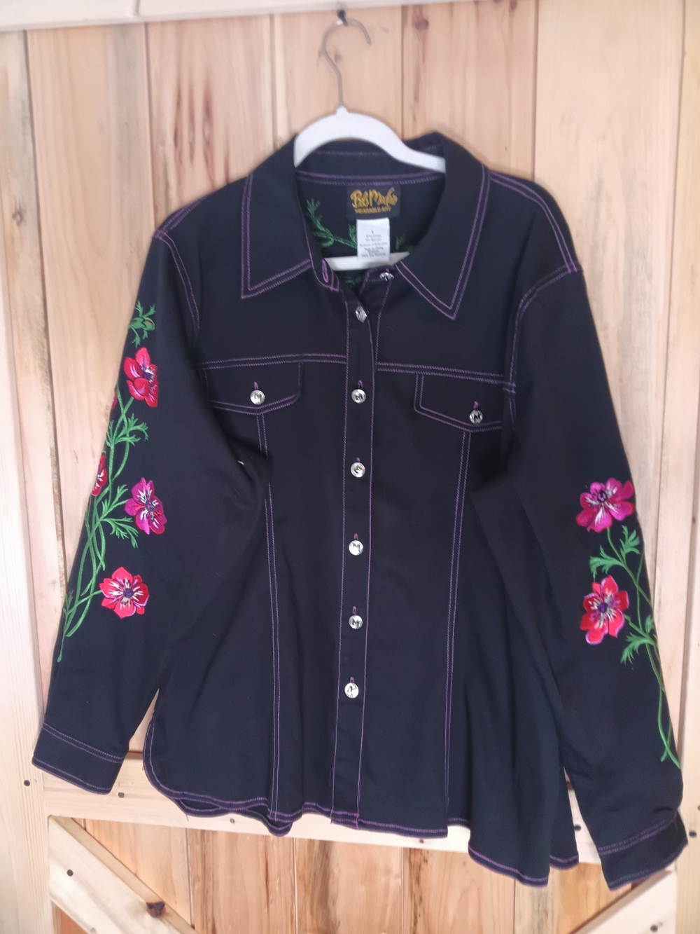 Bob Mackie Black Embroidered Flower Jacket Wearable Art Large